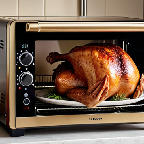 Home 11 **Smart Oven Baking Perfection:** A gleaming, modern smart oven showcasing a perfectly roasted turkey with crispy, golden-brown skin. Focus on the digital display with temperature readings and smart features. Emphasize the succulent, juicy look of the turkey. Add a festive holiday table setting in the background, with Polish Christmas decorations (or Polish Easter decorations, if preferred).