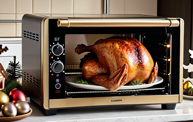 **Smart Oven Baking Perfection:** A gleaming, modern smart oven showcasing a perfectly roasted turkey with crispy, golden-brown skin. Focus on the digital display with temperature readings and smart features. Emphasize the succulent, juicy look of the turkey. Add a festive holiday table setting in the background, with Polish Christmas decorations (or Polish Easter decorations, if preferred).
