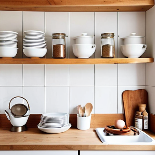 Home 6 **A bright, Scandinavian-style small kitchen. Focus on maximizing vertical space with open shelving displaying minimalist white dishes and neatly organized spice jars. Natural light floods the space. Incorporate light wood accents and a small, round, extendable table. #smallkitchen #scandinavianstyle #kitchenorganization**