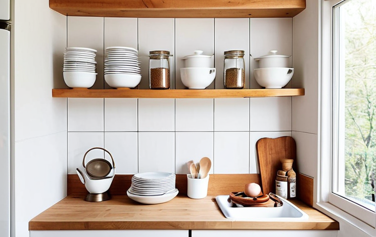 **A bright, Scandinavian-style small kitchen. Focus on maximizing vertical space with open shelving displaying minimalist white dishes and neatly organized spice jars. Natural light floods the space. Incorporate light wood accents and a small, round, extendable table. #smallkitchen #scandinavianstyle #kitchenorganization**